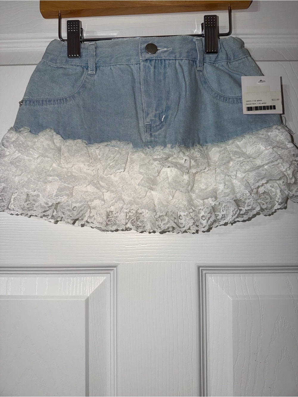 JustFab Light Blue Denim Skirt with White Lace Ruffle Trim